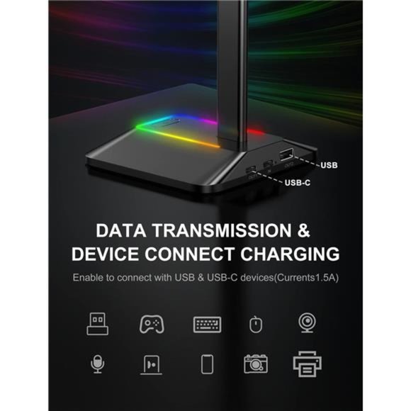 RGB Headphone Stand with 1 USB-C Charging Port & 1 USB Charging Port,Desk Gaming - Picture 3 of 6